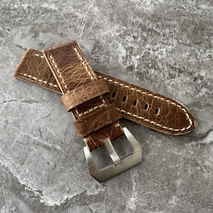 Personalised Custom Engraved Premium Quality Thick Cracked Brown Rustic Leather Watch Strap For Panerai PAM submersible Watches 24mm Lug