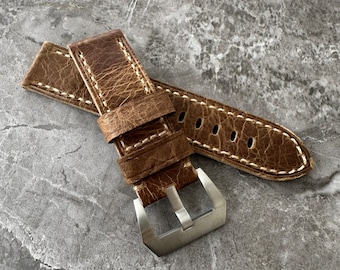 Engraved Brown Leather Watch Strap Rustic Band Made For Watches with 24mm Lug