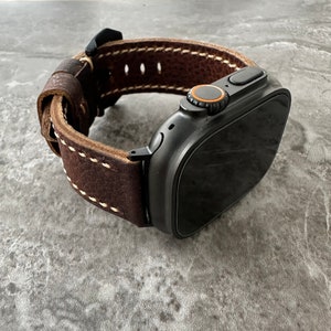 Engraved Distressed Brown Leather Watch Band for Apple Watch Ultra 49mm
