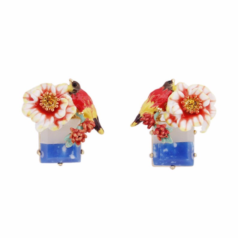 Parrot Flower And Stone Enamel Earrings Jewelry Gift