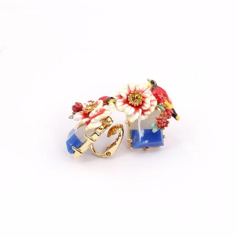 Parrot Flower And Stone Enamel Earrings Jewelry Gift