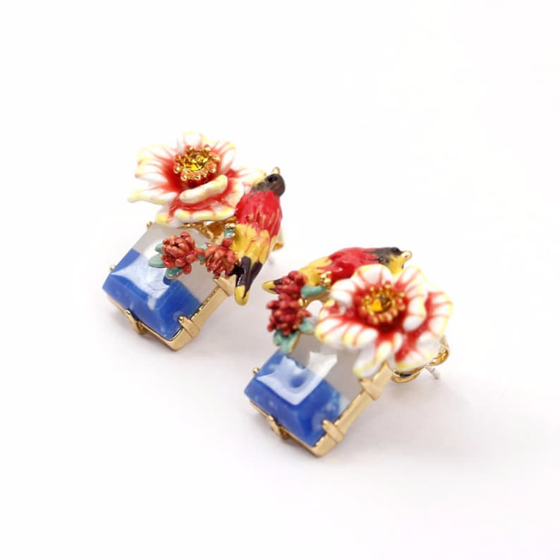 Parrot Flower And Stone Enamel Earrings Jewelry Gift