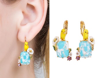 Parrot Flower And Stone Enamel Earrings Jewelry Gift