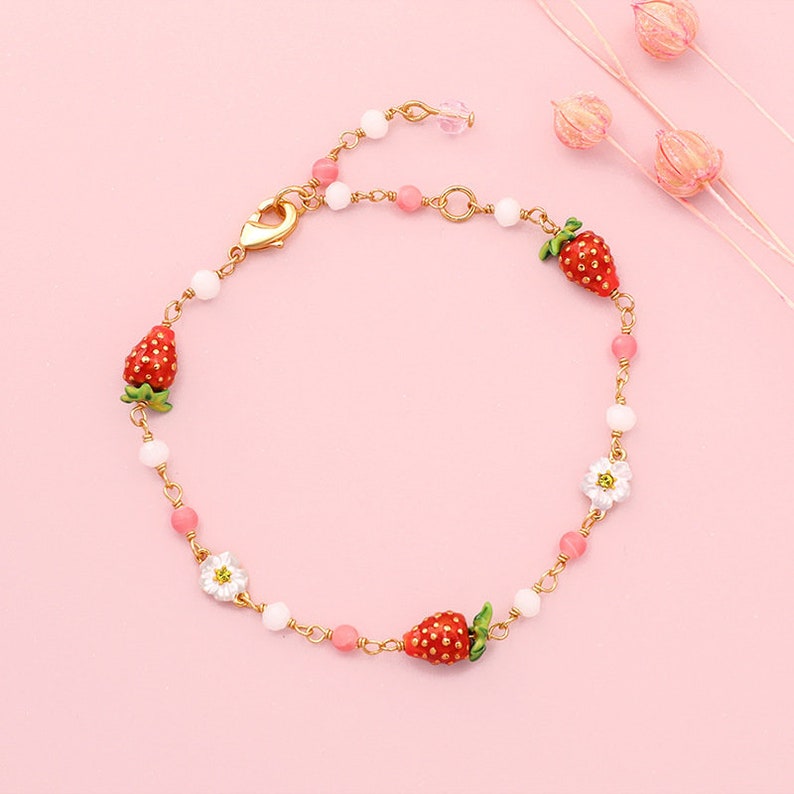 Small Strawberry and White Flower Enamel Charms Bracelet image 1