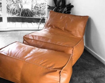 Moroccan Leather Lounger Set, Leather Armless Sofa with Ottoman, Square Footstool, Leather Lounger For Living Room, Bean Bag