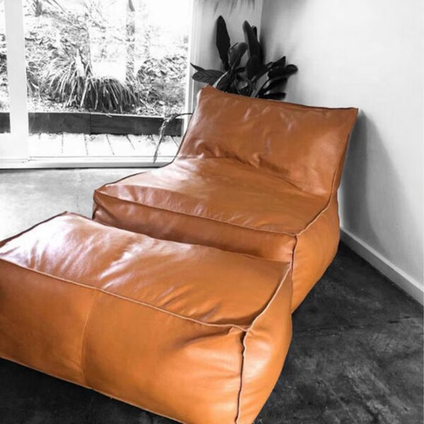 Moroccan Leather Lounger Set, Leather Armless Sofa with Ottoman, Square Footstool, Leather Lounger For Living Room, Bean Bag