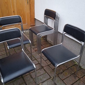 Bauhaus Design Chrome Tubular Steel and Black Faux Leather Dining Chairs, 1990s Vintage Modernist Stackable Dining Chairs