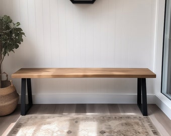 Tall Rustic Wood Bench with Trapezoid Steel Legs - Mudroom, Sitting, and Farmhouse Bench - Traditional and Skinny Design for Stylish Seating