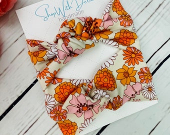 Mommy and Me Groovy flowers headbands, Top Knot Headband, Knotted Headband, Head Wrap, Baby Turban, Baby knit Headband, two groovy, groovy 1