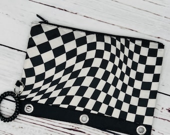 Personalized embroidered back to school Pencil pouch, three-ring Pencil pouch, 3 ring pencil pouch for binder, Black & white, checkered