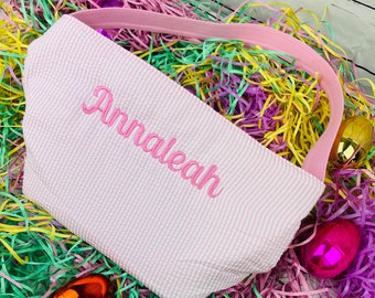 Kids Easter Basket | Easter Egg Hunt | Personalized Easter Bucket | Easter Bunny | Seersucker Easter Tote | Pink | Blue | Purple | Green