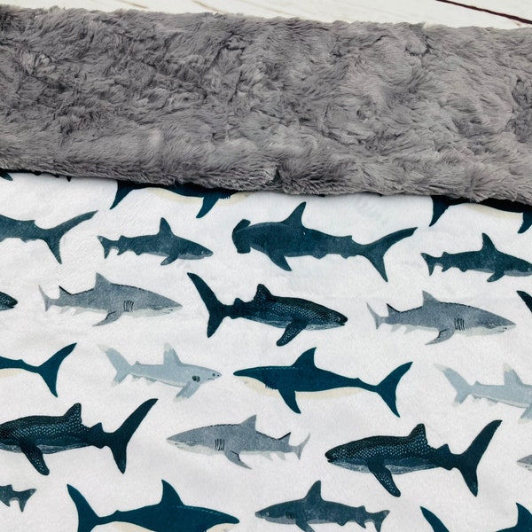 Shark baby BLANKET Gender Neutral Minky Baby Gift watercolor sharks Shades of gray FAUX FUR lovey