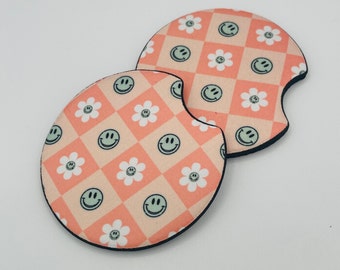Groovy Boho car coaster, set of 2 coasters retro style, smiley face, groovy flowers