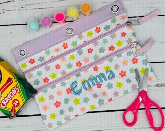 Personalized embroidered back to school Pencil pouch, three-ring Pencil pouch, 3 ring pencil pouch for binder, 2 pouch flowers