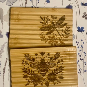 Bamboo soap dish.  Self draining bamboo soap tray with decorative laser engraved design provides zero waste of your favorite soap bar.