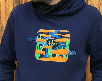 Diseño "POSIDONI" met een diseño-illustración de arte-artista, hecha de algodón orgánico. hoodie met artist design. Biologisch katoen