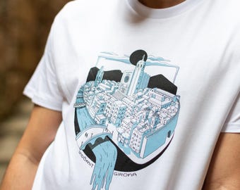 Diseño "GIRONA" camiseta estampada, con ilustración de artista, 100% algodón orgánico. T-shirt with artist design. Organic cotton