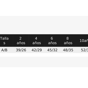 Puede incluir: Un gr&aacute;fico blanco que muestra una camiseta con las medidas etiquetadas A y B. Una tabla debajo enumera las tallas para ni&ntilde;os de 2 a 12 a&ntilde;os, con las medidas correspondientes en cent&iacute;metros.