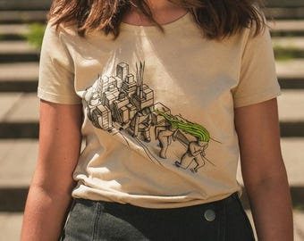 Diseño "SCAPE" camiseta estampada, con ilustración de arte - artista, 100% algodón orgánico. T-shirt with artist design. Organic cotton