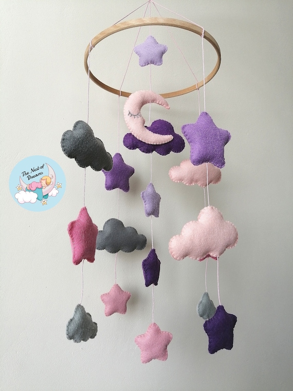 Baby Cot Mobile Pink and Purple Moon and Clouds Nursery Decoration