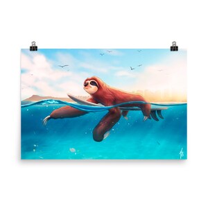 May include: A brown sloth with a relaxed expression is surfing on a white surfboard in a turquoise ocean. The sky is blue with white clouds and there are a few birds flying in the sky.