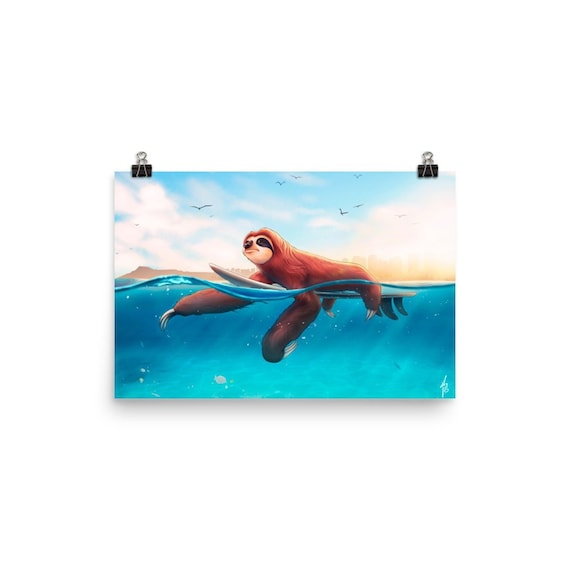 Surf Sloth Premium Photo Paper Poster - Summer Art Print - Original Painting - Printful Poster - Summer Vibes - Wall Art - Home Decor