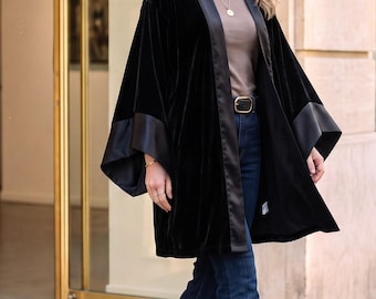 Women's Boho Velvet Jacket, Kimono Jacket Autumn with Satin, Velvet Cardigan, Elegant Boho Jacket, One Size & Plus Size