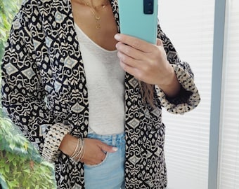 Bomullsboho-kofta för kvinnor, färgglad bohojacka, lätt jacka, avslappnad jacka, quiltad höstcool jacka, quiltad kofta med etniskt tryck