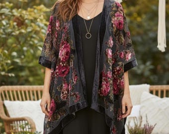 burnout velvet floral black cardigan, boho velvet kimono, semi sheer light cardigan, wine red, black, burgundy, plus size semi sheer kimono