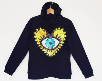 Organic cotton Halloween sequin hoody/ gift for her/ kangaroo pocket/cute hoodie/ sequin evil eye patch/ rave hoodie/ warm hoodie/hoodie women