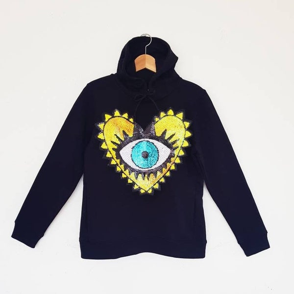 Organic cotton Halloween sequin hoody/ gift for her/ Kängurutasche/cute hoodie/ sequin evil eye patch/ rave hoodie/ warm hoodie/hoodie women