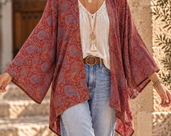 Unisex Christmas gift, boho long cardigan, paisley print kimono, light cardigan, festival kimono, green and gold kimono, christmas present
