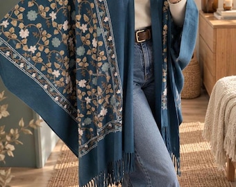 Fall cardigan with floral embroidery, embroidered women's kimono, petrol blue boho kimono with floral embroidery, oversized kimono, throw