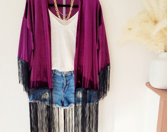 Customized unisex purple velvet cardigan with tinsels/ Boho jacket/ plus size cardigan/spring velvet jacket/ boho cardigan with fringes