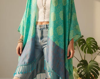 Vårkimono för kvinnor, lång boho-kofta, paisleymönstrad kimono, ljus kofta, aquablå kimono, kimono för män