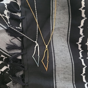 Puede incluir: Dos collares con colgantes con la forma del contorno de un país. Uno es plateado y el otro dorado. Los collares cuelgan sobre una tela estampada en blanco y negro.