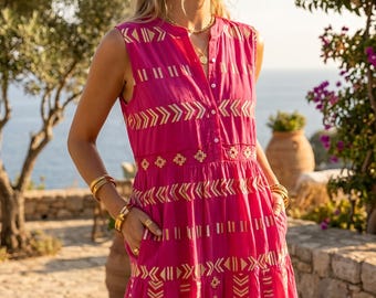 Lång bomullsklänning med grekiskt tryck, lång klänning med fickor, bohemisk klänning, elegant färgglad klänning, rosa och guldklänning, vitguldklänning