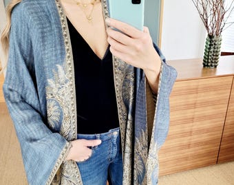 Kimono Damen, unisex langer Boho-Cardigan, dusty blue Kimono, leichter Cardigan, Pashmina Jacke, blauer poncho, Kimono men