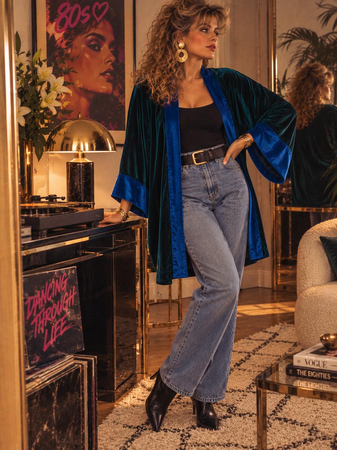 Women's velvet jacket, velvet kimono-lined, dark green boho jacket with blue trim, kimono cardigan, plus size, custom made