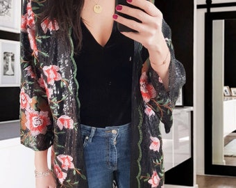 Extravagant embroidered floral Long kimono/ sequin black kimono / sequin duster kaftan/  boho kimono wedding guest/ embroidered kimono