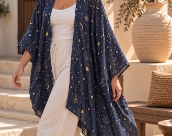 Unisex Moon and Stars Kimono – Boho Festival Cardigan, Whimsigoth Cover Up, Plus Size Beachwear, Lightweight Black Robe for Men & Women