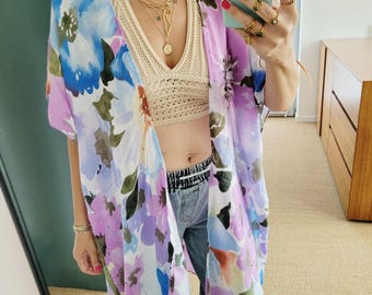 Floral cotton boho cardigan women, purple boho kimono, light cardigan with tassels, beach kimono, summer cardigan, plus size bikini cover up