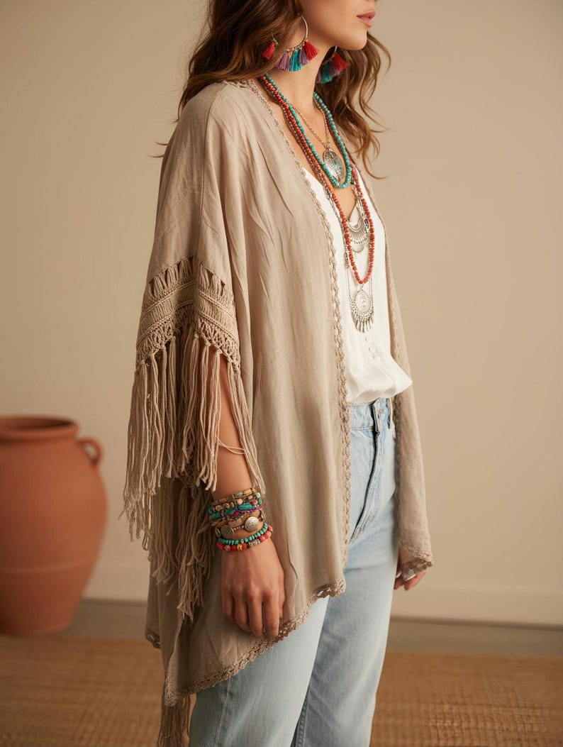 Beige Boho Cardigan– festival Cover up• Bohemian beige ruana• Festival Outfit • warm Layering Kimono, gehäkelter Cardigan mit Fransen Bild 4