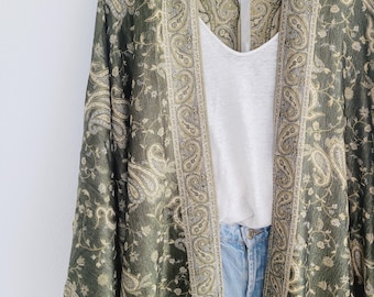 Boho long cardigan, paisley print kimono, light jacket, festival kimono, green and gold kimono, plus size cardigan