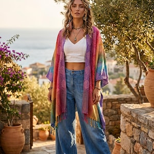 Könnte beinhalten: Eine Frau trägt einen farbenfrohen, regenbogenfarbenen Kimono mit einem Paisley-Muster. Der Kimono hat Fransen und wird mit einem weißen Oberteil und einer weit geschnittenen blauen Jeans kombiniert. Der Hintergrund zeigt einen Steinweg, Pflanzen und einen Blick auf das Meer.