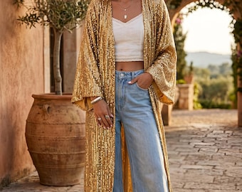 Gold sequin kimono/ bride sequin dressing gown/ plus size sequin duster/ maternity photoshoot kimono/ bridesmaide sequin kimono