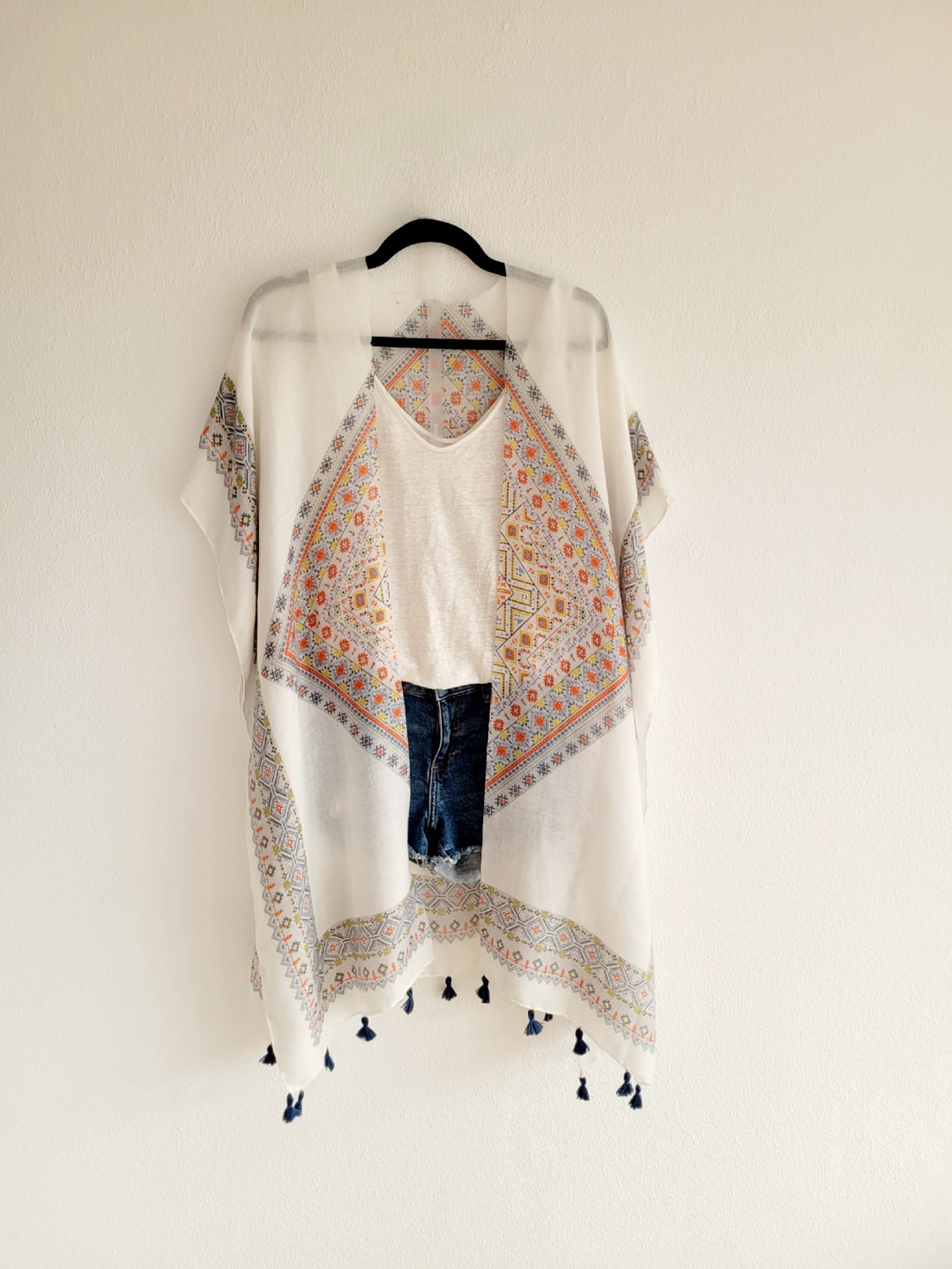 Unisex Light White Boho Cardigan, African Print Kimono, Beach Kimono ...