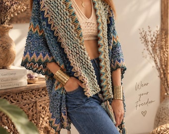 Boho knitted poncho – hand-crocheted look, one size, cozy and warm – autumn & winter cape with fringes