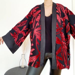 Burnout velvet cardigan women, red velvet blazer, velvet short kimono, kimono jacket women, velvet jacket with floral pattern