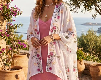 Boho kimono with floral embroidery – airy, soft & colorful | Summer cardigan | Festival outfit | Beach kimono | White floral throw